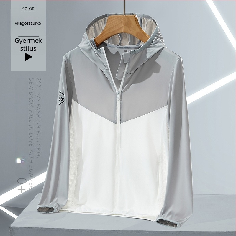 UPF50+ gyermekeknek készült napvédő kabát fiúknak és lányoknak, nyár, Ice Silk anyagból, ultra vékony, lélegző, kapucnis
