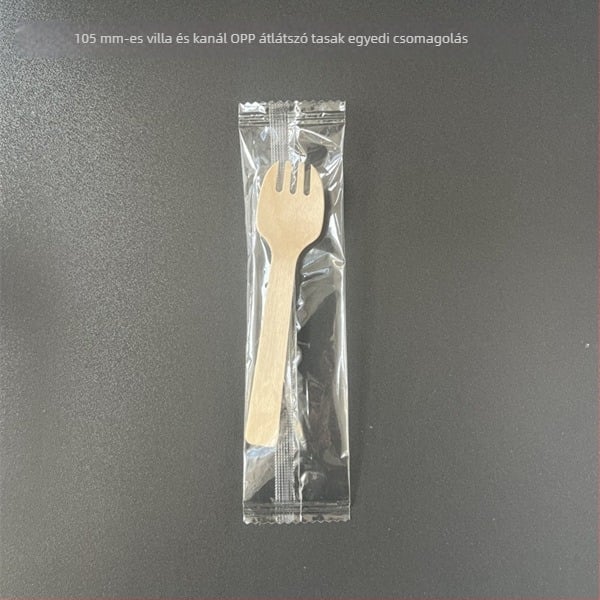 Egyszer használatos faevőeszközök készlet (kés, villa, kanál); egyedi csomagolásban; biológiailag lebomló bükkfából.