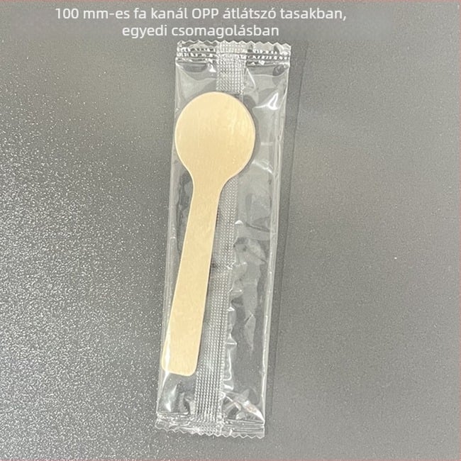 Egyszer használatos faevőeszközök készlet (kés, villa, kanál); egyedi csomagolásban; biológiailag lebomló bükkfából.