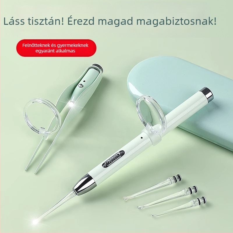 Fénylő fülkanál világítással a fültisztításhoz, puha vég, zöld és lila