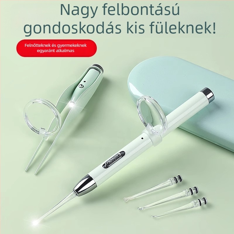 Fénylő fülkanál világítással a fültisztításhoz, puha vég, zöld és lila