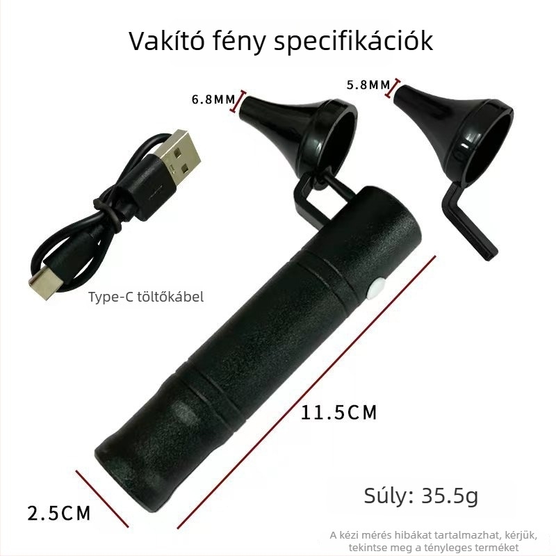 Akkumulátoros kézi fül-endoszkópos lámpa, professzionális otoszkóp, rozsdamentes acél, fekete