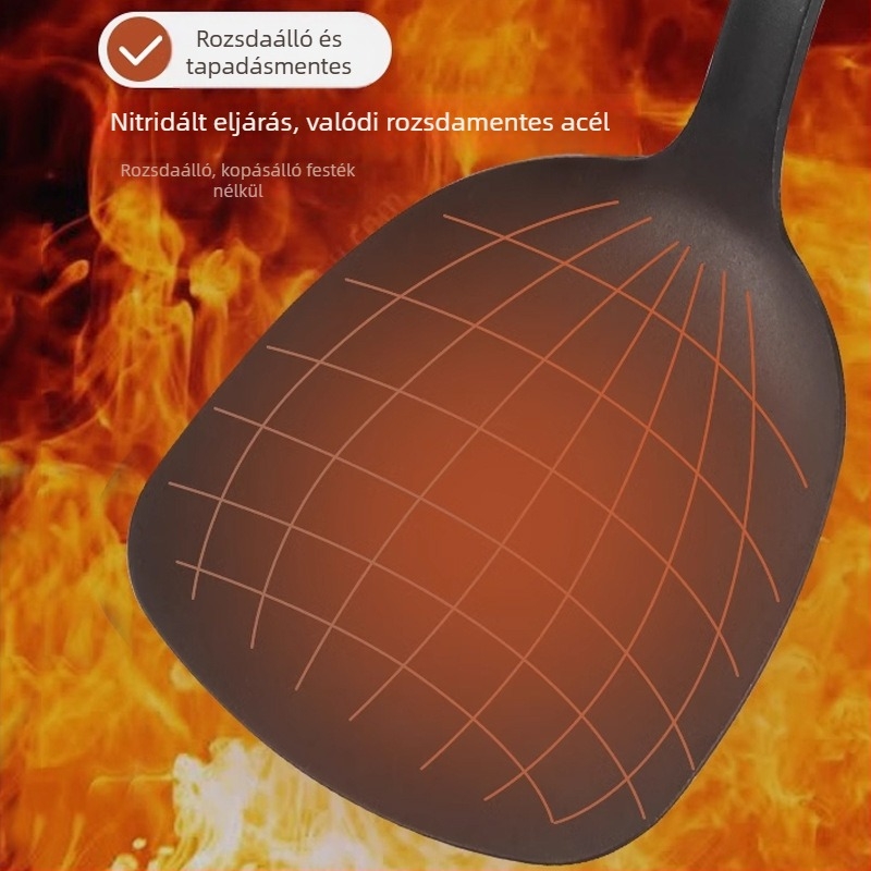 Vasból készült konyhai spatula és kanál, vastagabb penge, puha fogantyú, hővédő funkció