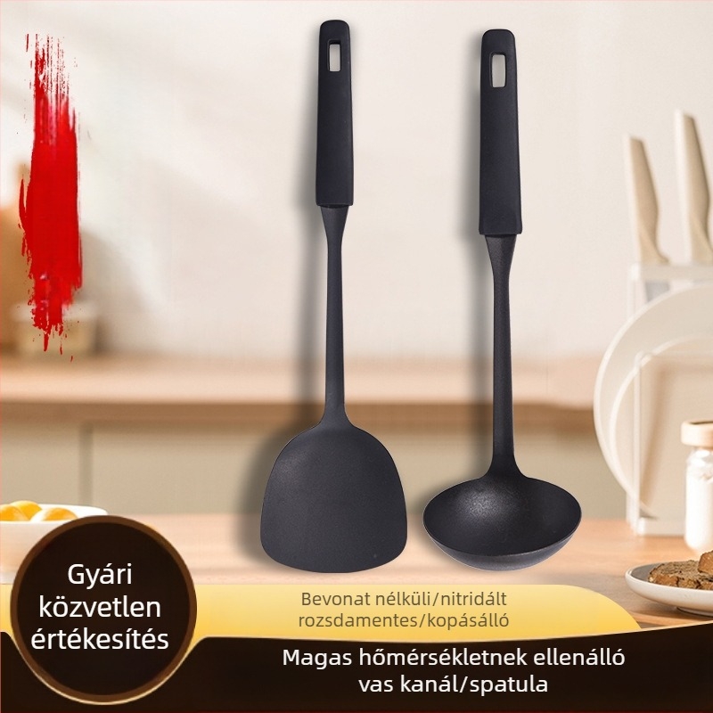 Vasból készült konyhai spatula és kanál, vastagabb penge, puha fogantyú, hővédő funkció