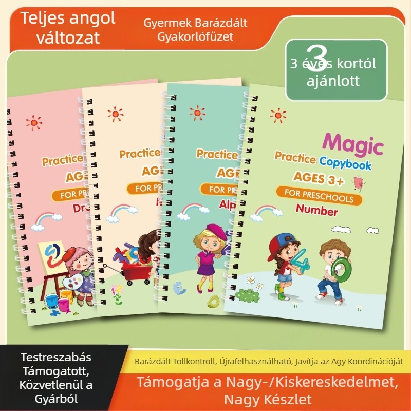 Angol gyerekeknek szóló írásgyakorló könyv tollkontroll edzés matricákkal, fehér recés kártyákon, törölhető