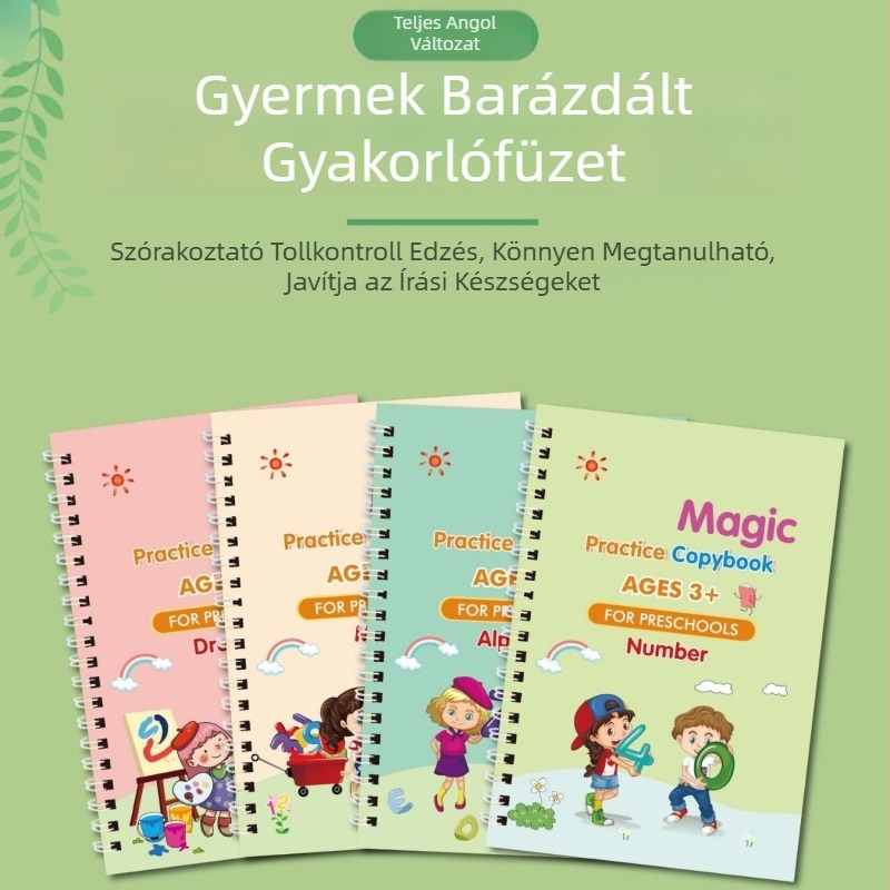 Angol gyerekeknek szóló írásgyakorló könyv tollkontroll edzés matricákkal, fehér recés kártyákon, törölhető