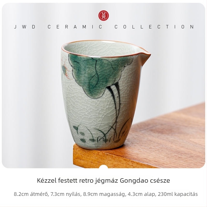 Gongfu teáskészlet kerámiából, fehér porcelán, jégkristály mázzal, lótusz motívum, egyensúlyos pohárral, retro luxus