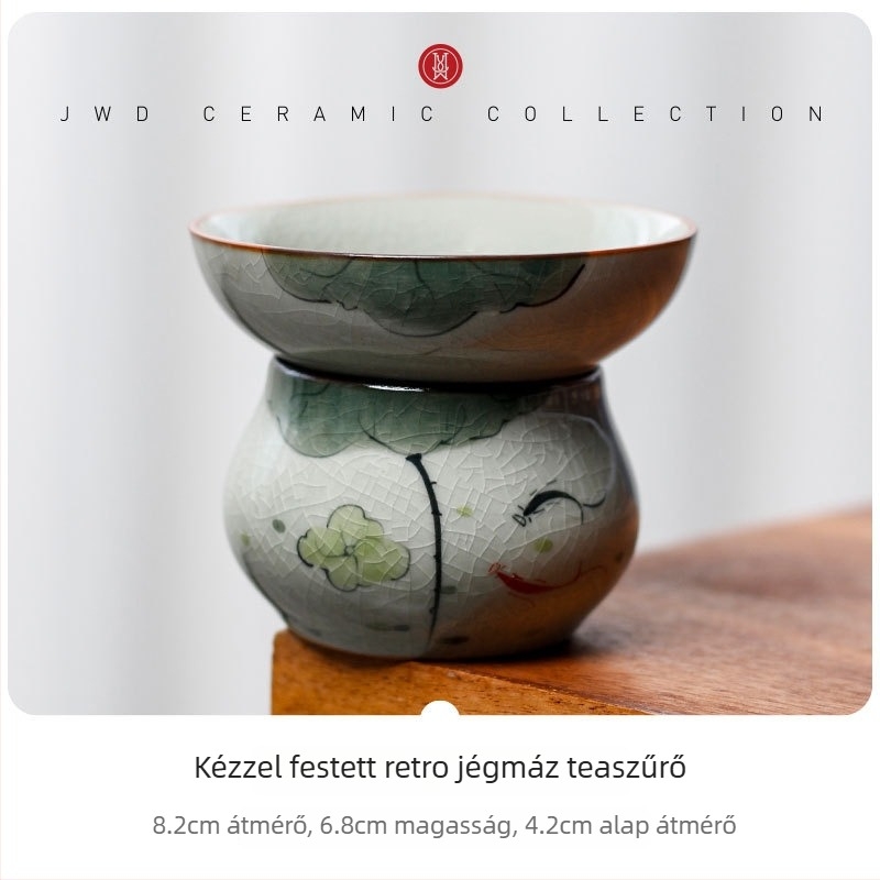 Gongfu teáskészlet kerámiából, fehér porcelán, jégkristály mázzal, lótusz motívum, egyensúlyos pohárral, retro luxus