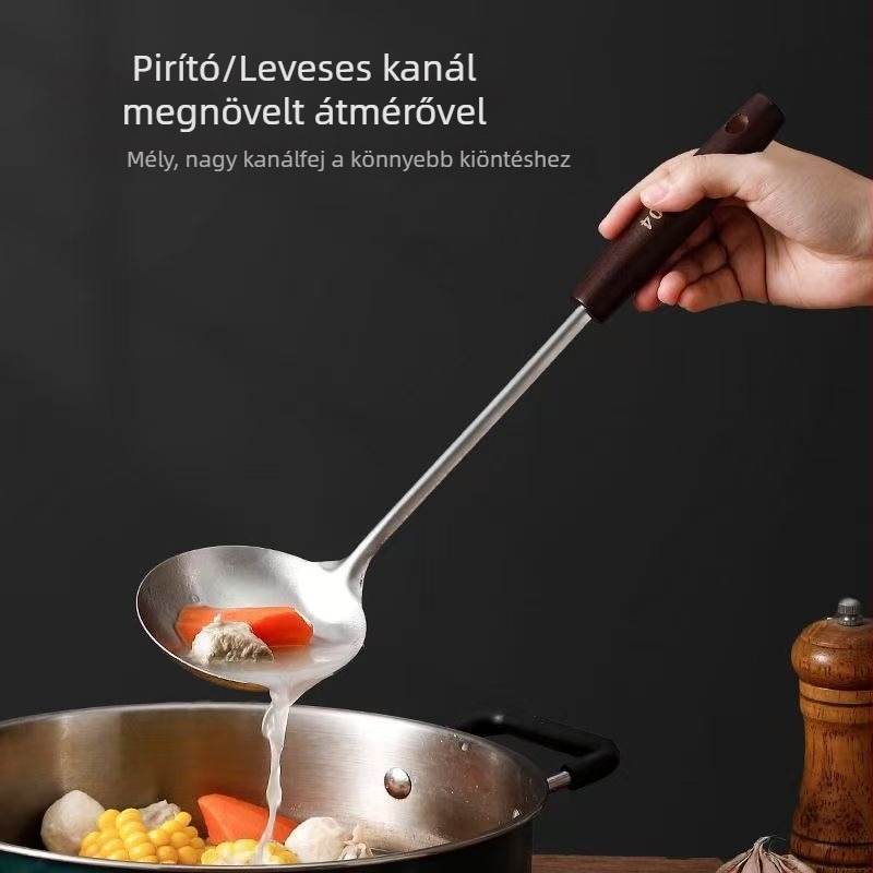 Nem mágneses rozsdamentes acél spatula otthoni konyhához, vastagabb serpenyő spatula fa nyéllel, hőálló és égésvédett.