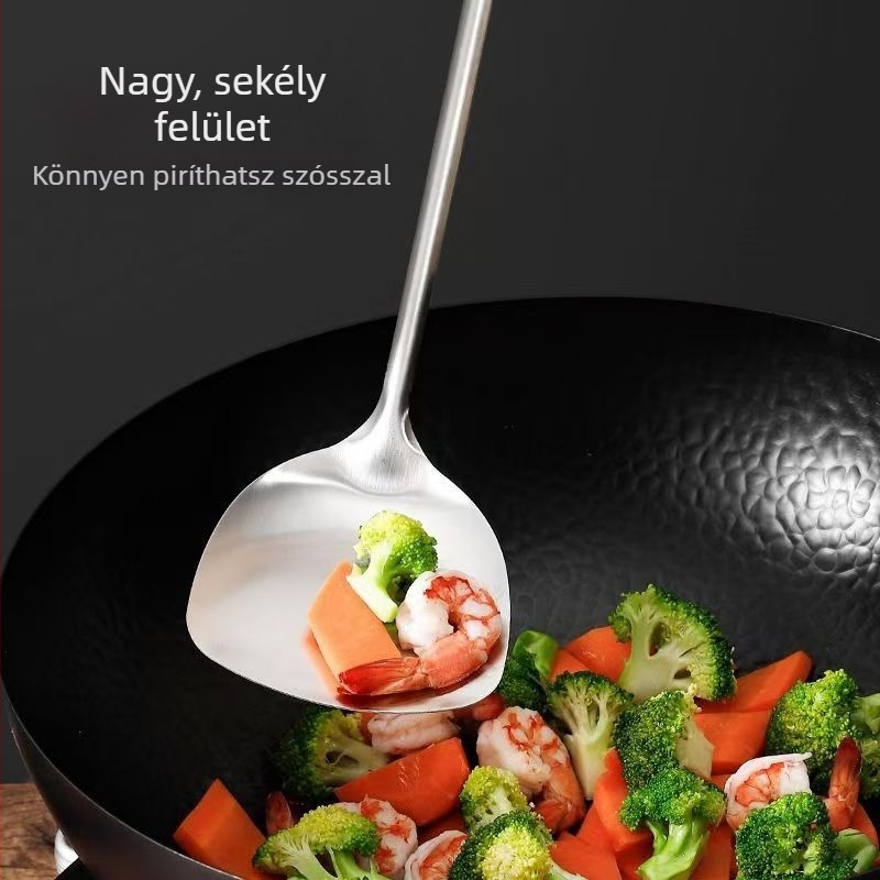 Nem mágneses rozsdamentes acél spatula otthoni konyhához, vastagabb serpenyő spatula fa nyéllel, hőálló és égésvédett.