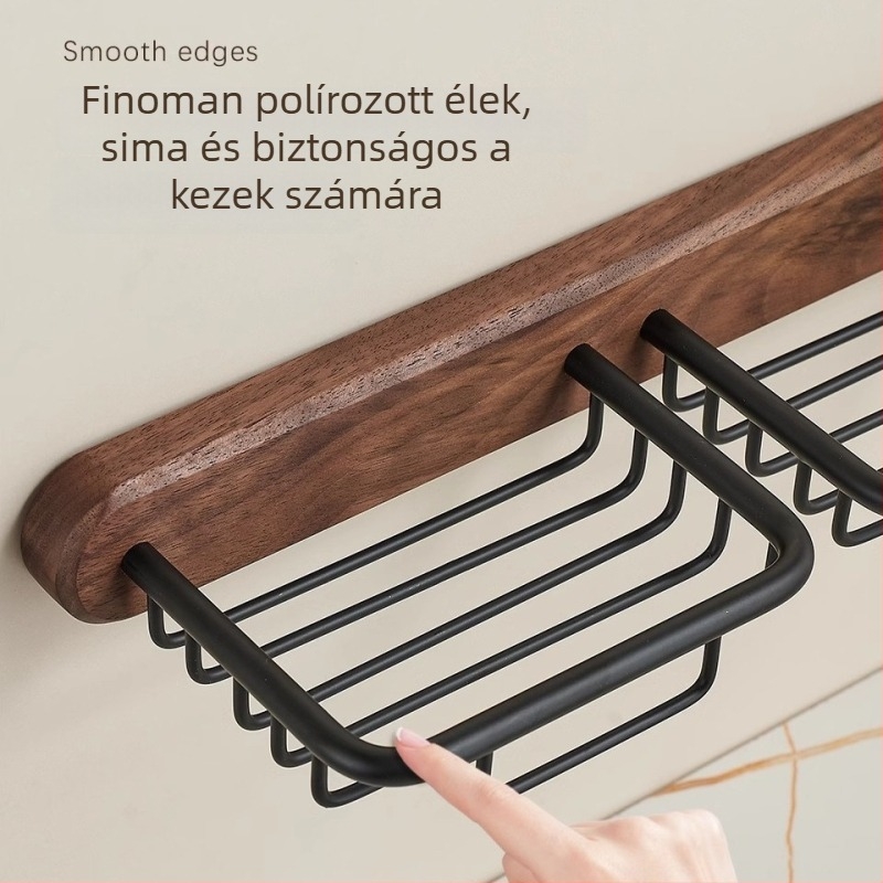 Fali szappantartó tál csepegtetővel, fúrás nélkül, Space-alumíniumból, diófás felülettel