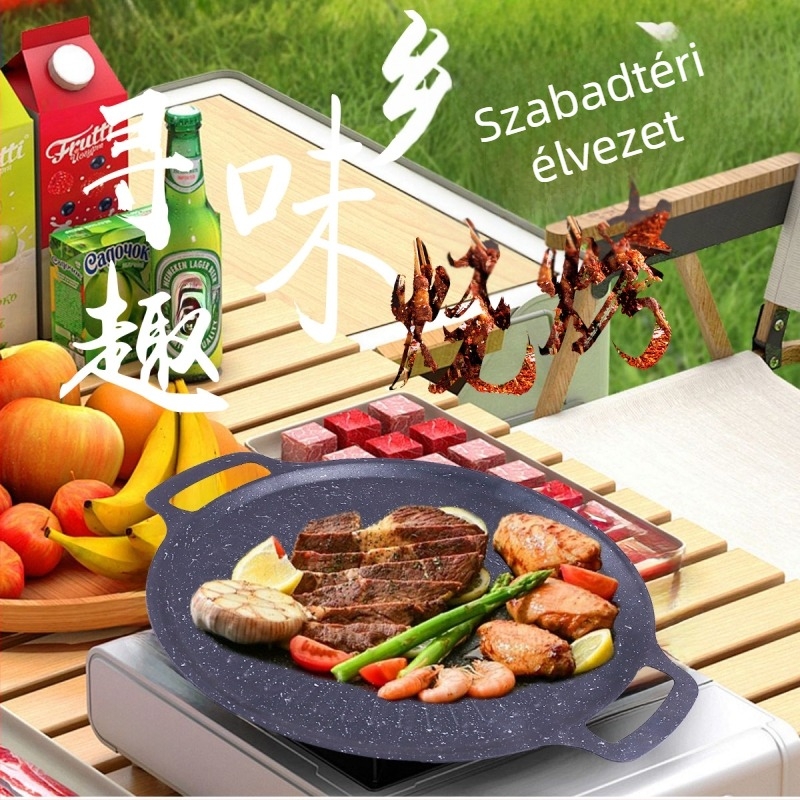 Koreai stílusú grillserpenyő kültéri barbecue-hoz, Maifan kőből készült tapadásmentes serpenyő nap mintázatú felülettel, indukciós főzőlaphoz
