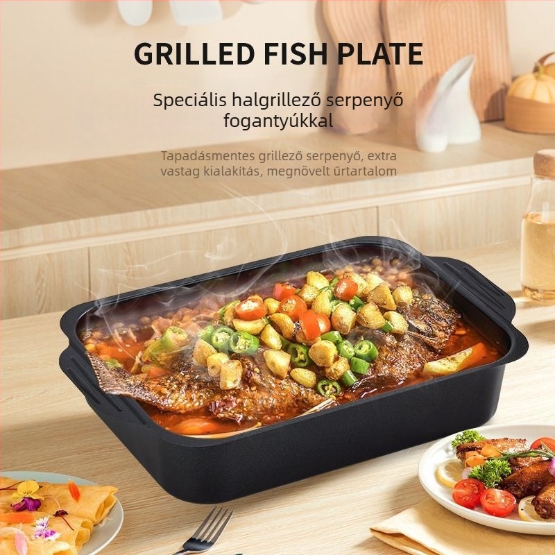 Maifan kőből készült tapadásmentes halgrill edény, téglalap alakú mély, indukciós főzőlaphoz