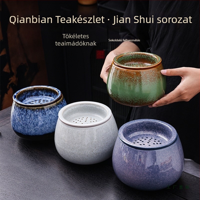 Kemencében égetett kerámia tealevelek maradvány edény szűrőfedéllel, asztali használatra
