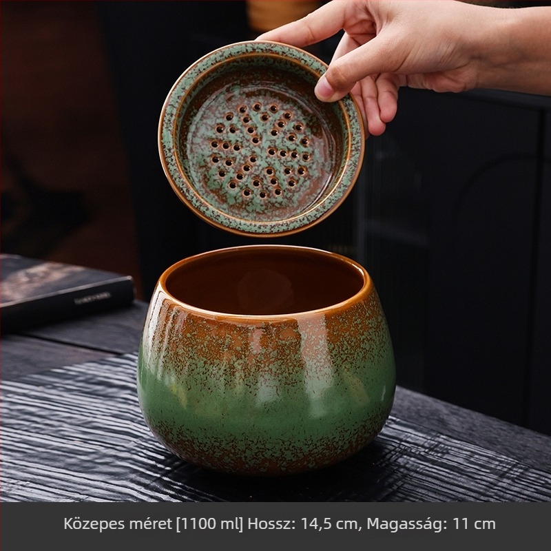 Kemencében égetett kerámia tealevelek maradvány edény szűrőfedéllel, asztali használatra