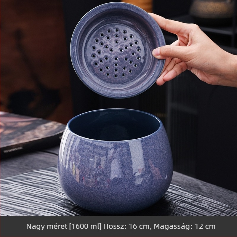 Kemencében égetett kerámia tealevelek maradvány edény szűrőfedéllel, asztali használatra