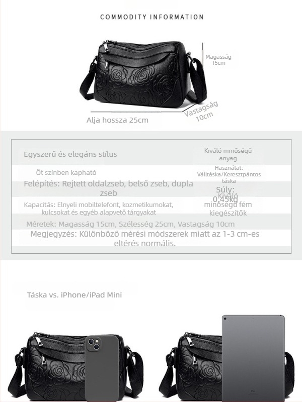 Női táska dombornyomott puha bőrből, divatos vállon átvetős táska, nagy kapacitás, közepes méret, crossbody dizájn