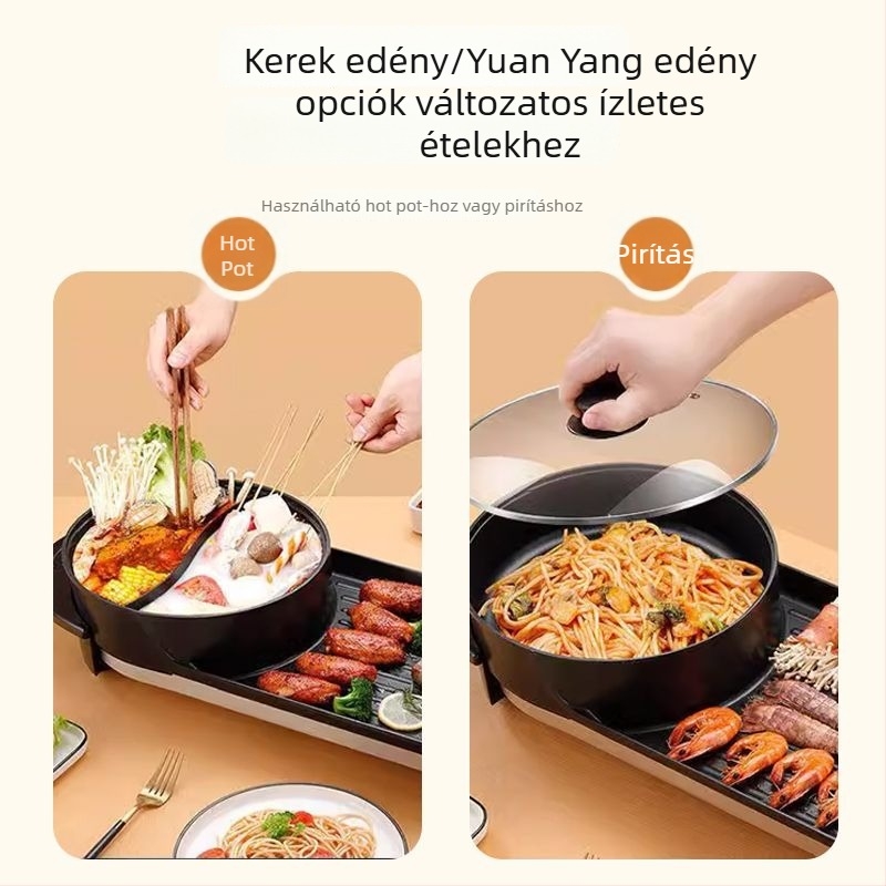 69 cm-es 2‑in‑1 elektromos hot pot és grill, Yuanyang edény, otthoni használatra, 1350 W, 4–5 fő, hőmérséklet szabályozható