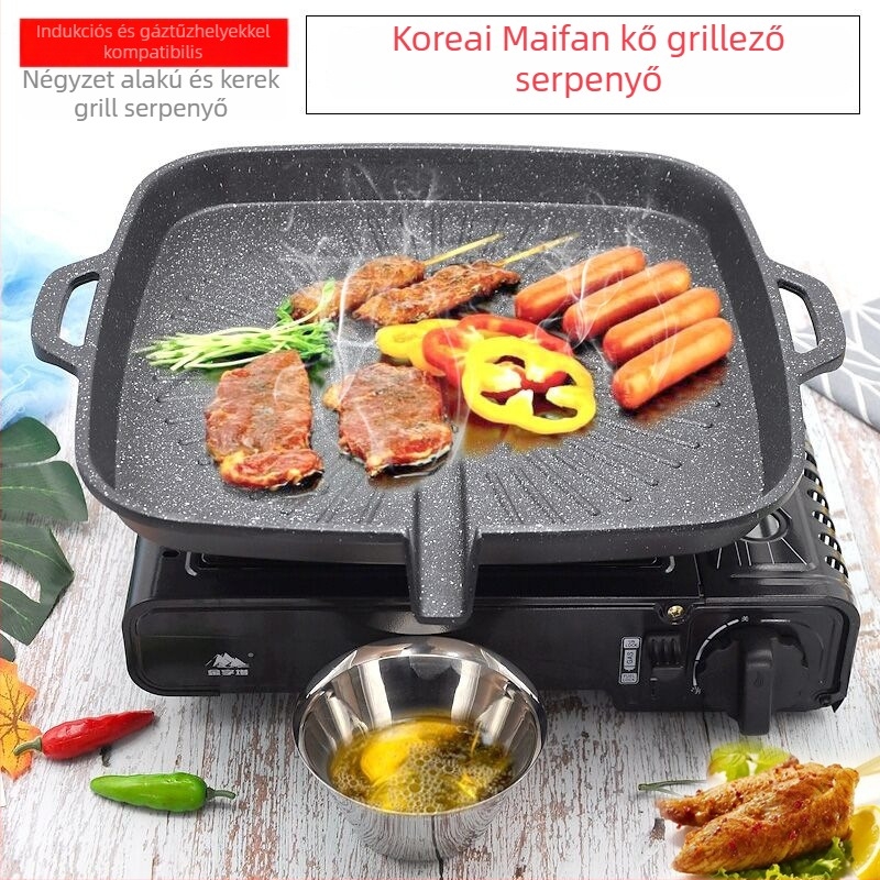 Koreai stílusú fekete Maifan-kő bevonatú grillserpenyő, kör alakú alumínium öntvény, indukciós és gáztűzhelyekhez
