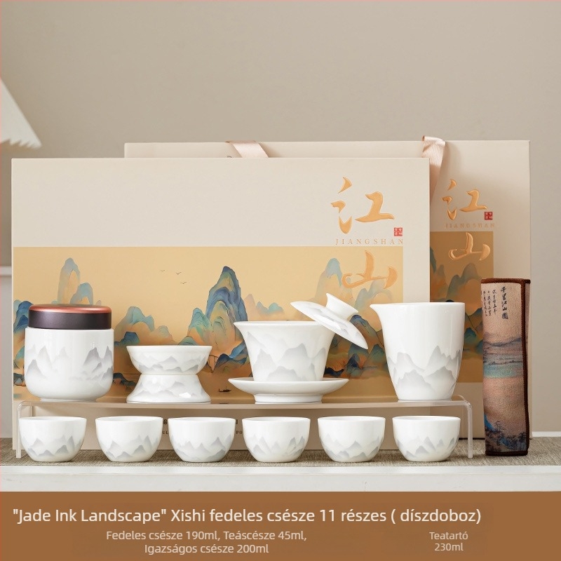 Jiangshan ajándékdoboz: testreszabható teáskészlet Dehua fehér porcelánból tinta táj motívummal, Kung Fu tea set üzleti vásárláshoz