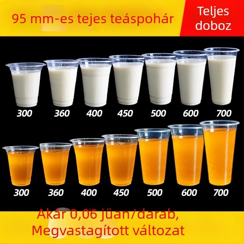 Egyszer használatos milk tea pohár fedővel, áttetsző műanyag, 95 mm nyílás, 600 ml kapacitás