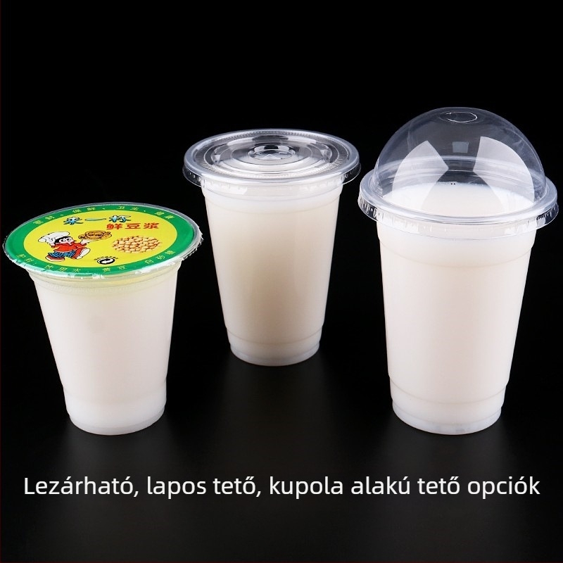 Egyszer használatos milk tea pohár fedővel, áttetsző műanyag, 95 mm nyílás, 600 ml kapacitás