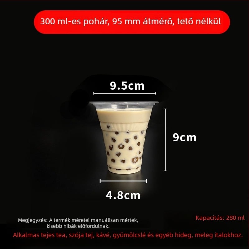 Egyszer használatos milk tea pohár fedővel, áttetsző műanyag, 95 mm nyílás, 600 ml kapacitás