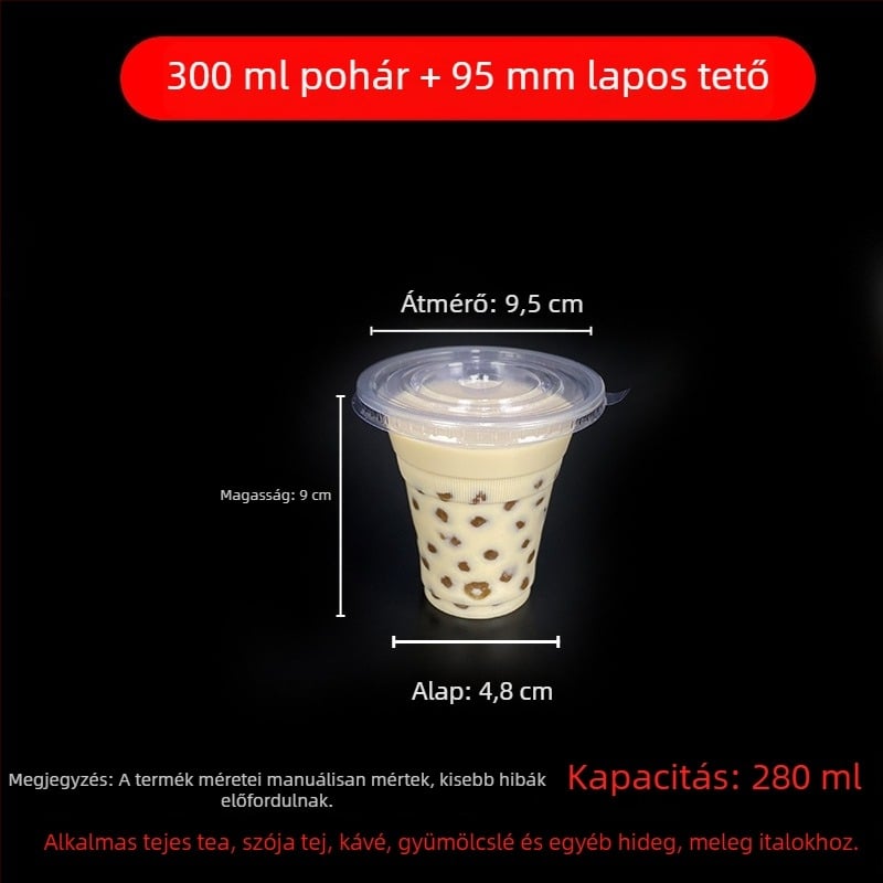 Egyszer használatos milk tea pohár fedővel, áttetsző műanyag, 95 mm nyílás, 600 ml kapacitás