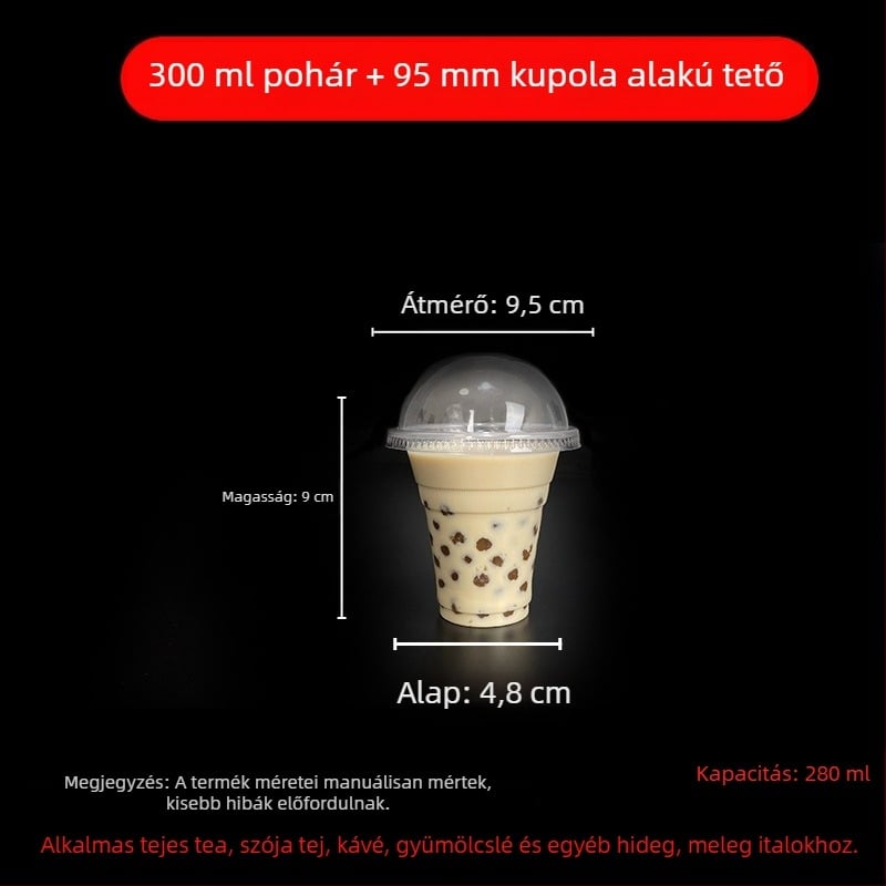 Egyszer használatos milk tea pohár fedővel, áttetsző műanyag, 95 mm nyílás, 600 ml kapacitás