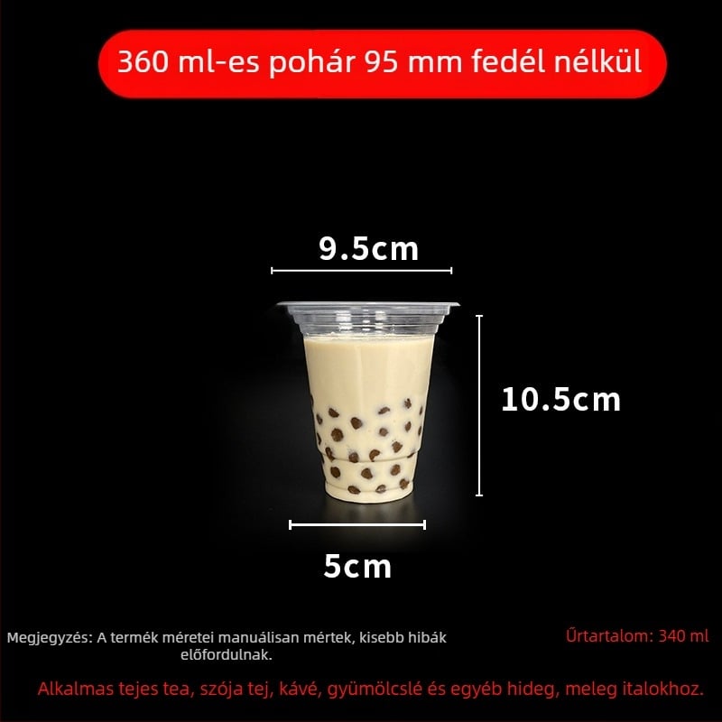 Egyszer használatos milk tea pohár fedővel, áttetsző műanyag, 95 mm nyílás, 600 ml kapacitás
