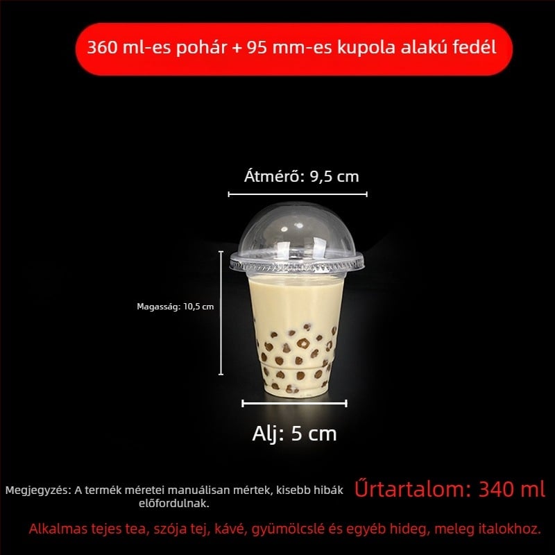 Egyszer használatos milk tea pohár fedővel, áttetsző műanyag, 95 mm nyílás, 600 ml kapacitás