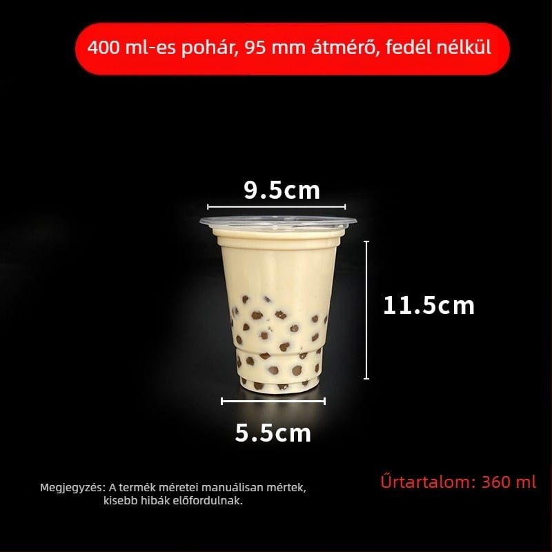 Egyszer használatos milk tea pohár fedővel, áttetsző műanyag, 95 mm nyílás, 600 ml kapacitás