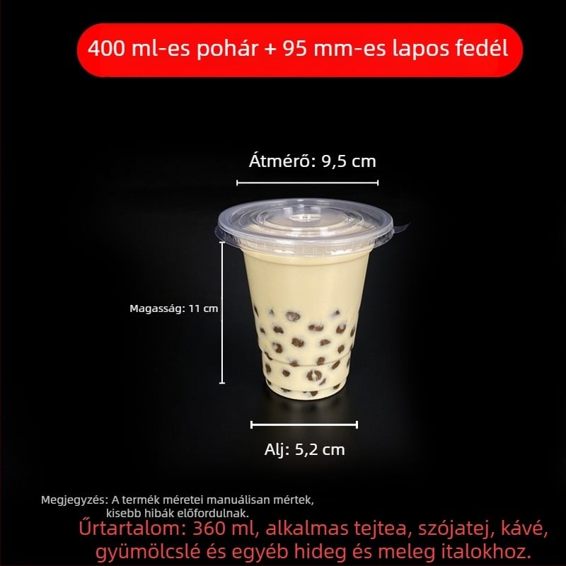 Egyszer használatos milk tea pohár fedővel, áttetsző műanyag, 95 mm nyílás, 600 ml kapacitás