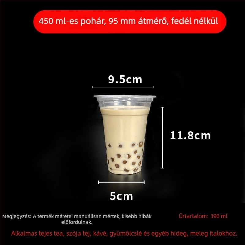 Egyszer használatos milk tea pohár fedővel, áttetsző műanyag, 95 mm nyílás, 600 ml kapacitás