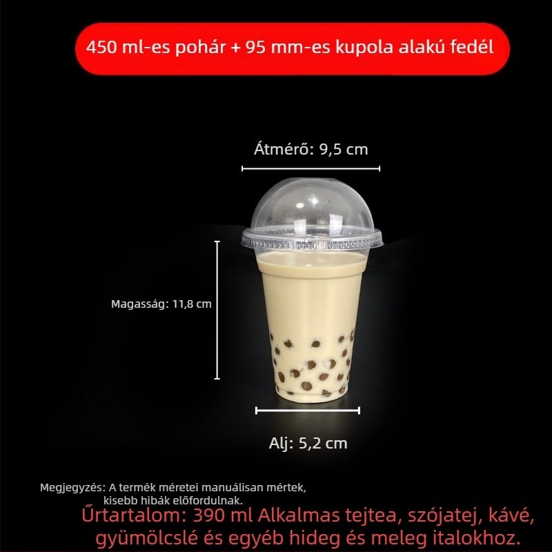 Egyszer használatos milk tea pohár fedővel, áttetsző műanyag, 95 mm nyílás, 600 ml kapacitás
