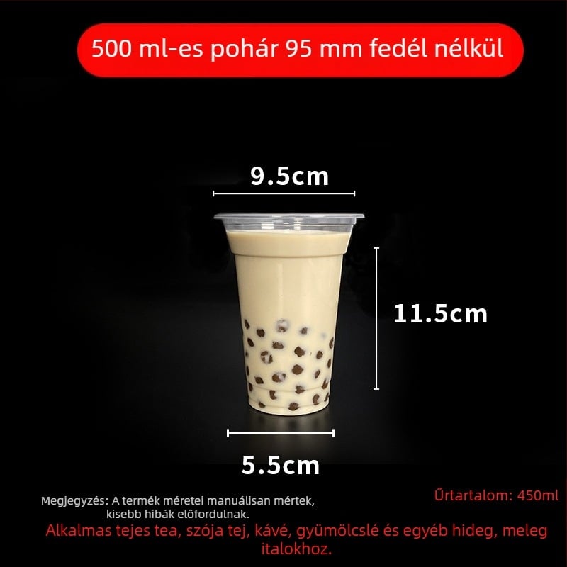 Egyszer használatos milk tea pohár fedővel, áttetsző műanyag, 95 mm nyílás, 600 ml kapacitás