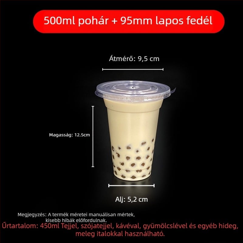 Egyszer használatos milk tea pohár fedővel, áttetsző műanyag, 95 mm nyílás, 600 ml kapacitás