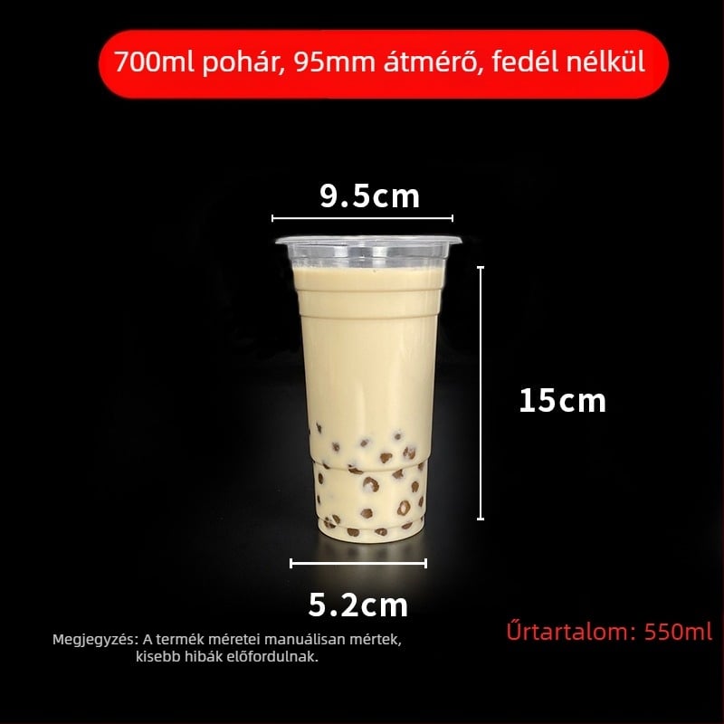 Egyszer használatos milk tea pohár fedővel, áttetsző műanyag, 95 mm nyílás, 600 ml kapacitás