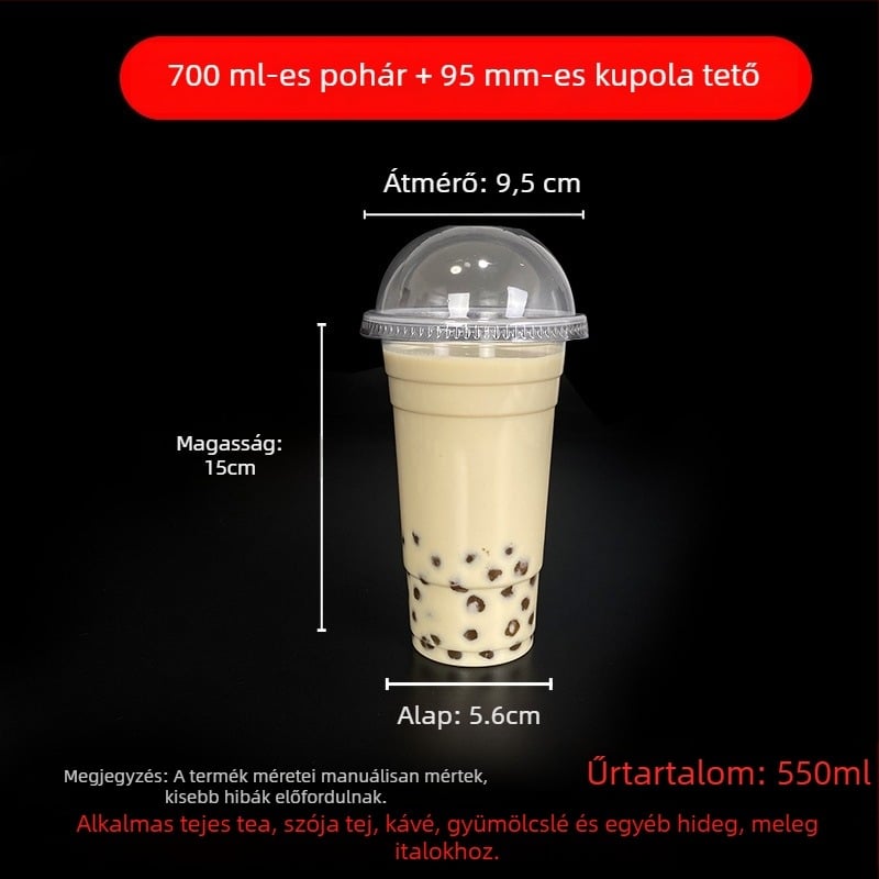 Egyszer használatos milk tea pohár fedővel, áttetsző műanyag, 95 mm nyílás, 600 ml kapacitás