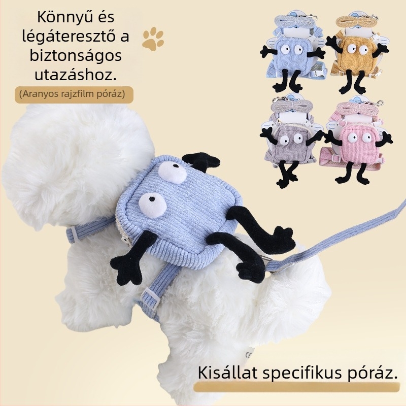 Kis méretű kutyák számára készült mellkas-hám pórázzal, menekülés elleni védelem, kis zsebbel, játékos dizájn