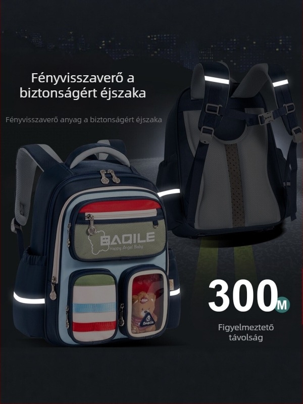 Új stílusú iskolatáska gyerekeknek gerincvédő és terheléscsökkentő funkcióval, nagy kapacitású, aranyos cartoon dizájn, uniszex, fényvisszaverő elemek