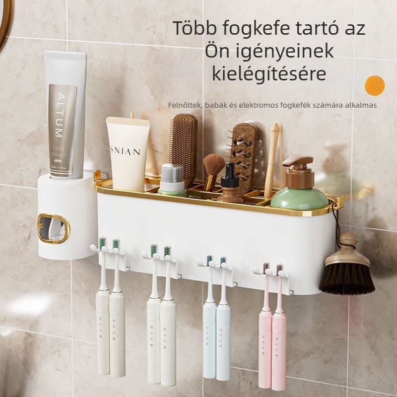 Fali fogkefés és pohár tartó adagolóval – fúrás nélkül, szívókorongos rögzítés, elektromos fogkefékhez