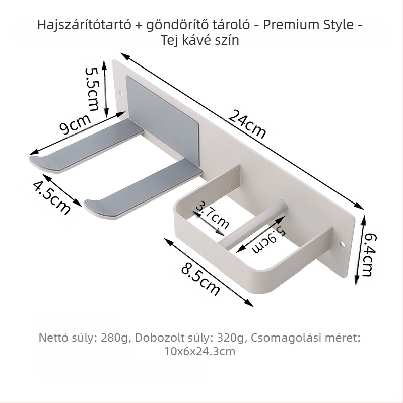 Fali hajszárító tároló – fúrás nélküli, rozsdamentes acél, matt fekete, fürdőszoba, modern minimalist stílus