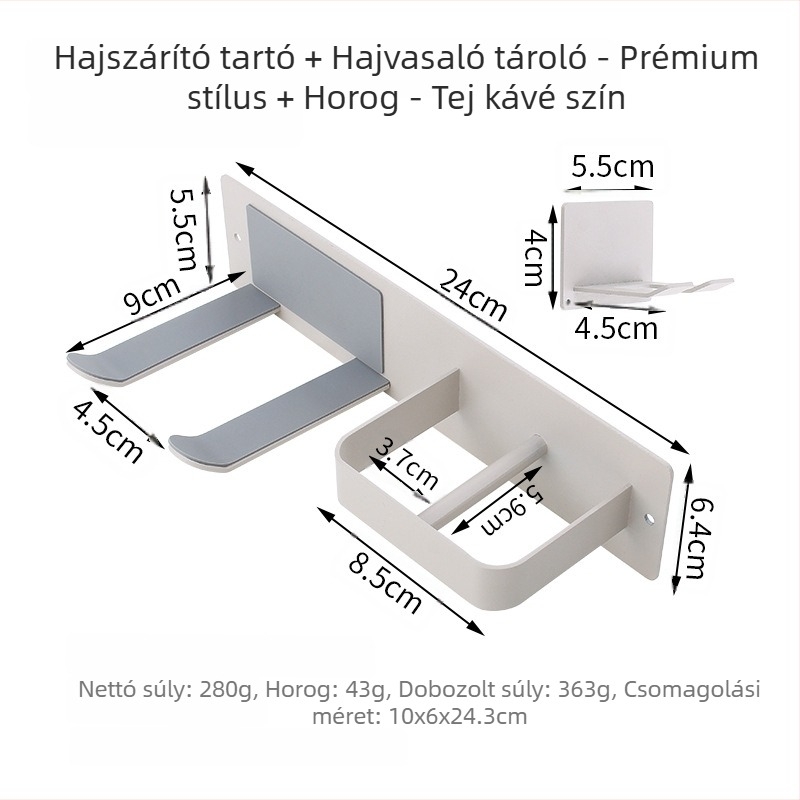 Fali hajszárító tároló – fúrás nélküli, rozsdamentes acél, matt fekete, fürdőszoba, modern minimalist stílus
