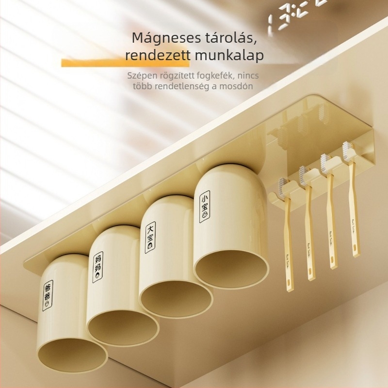 Mágneses szívó fogkefetartó pohártartóval, falra szerelhető, a tükrös szekrény alatt, fúrás nélkül