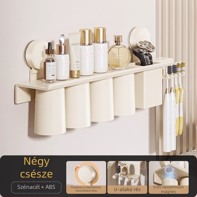 Fali fogkefetartó szívóval, pohár- és szájvíz pohár tároló, mágneses pohár