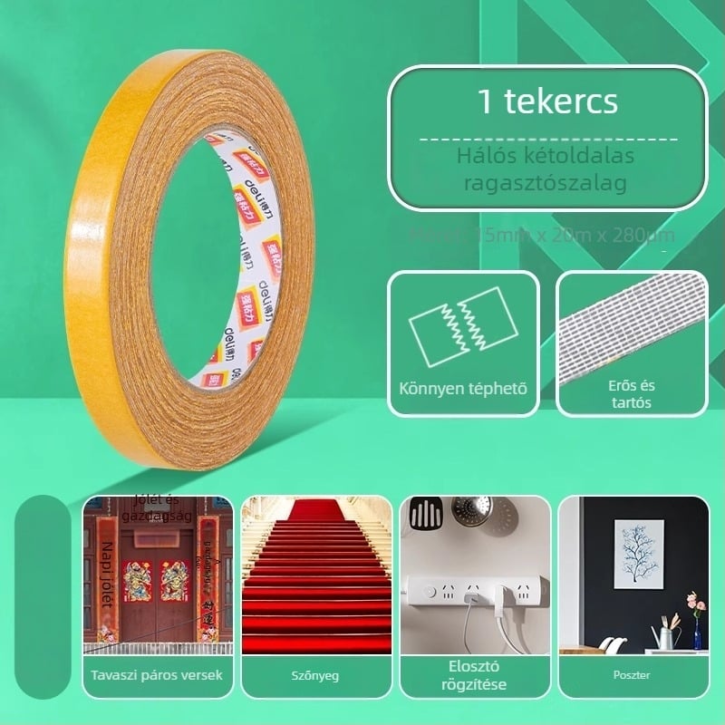 Deli kétszeres ragasztós szalag textil alapú, nagy viszkozitású, nem hagy nyomot, láthatatlan tapadás, erős tartás, modell 30802, hossz 20 m, szélesség 30 mm, vastagság 280 mm