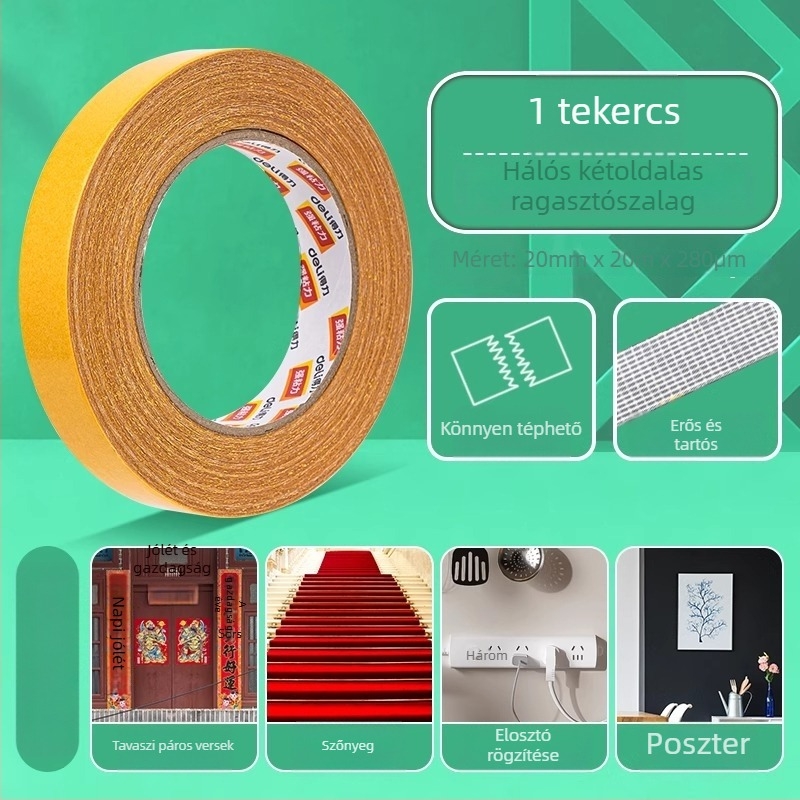 Deli kétszeres ragasztós szalag textil alapú, nagy viszkozitású, nem hagy nyomot, láthatatlan tapadás, erős tartás, modell 30802, hossz 20 m, szélesség 30 mm, vastagság 280 mm