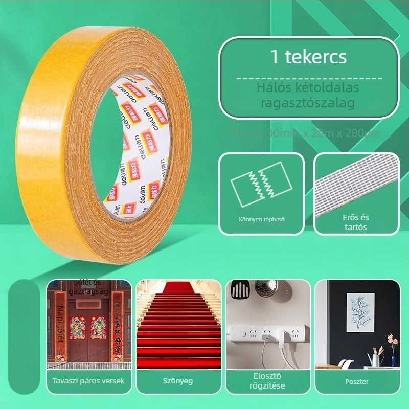 Deli kétszeres ragasztós szalag textil alapú, nagy viszkozitású, nem hagy nyomot, láthatatlan tapadás, erős tartás, modell 30802, hossz 20 m, szélesség 30 mm, vastagság 280 mm
