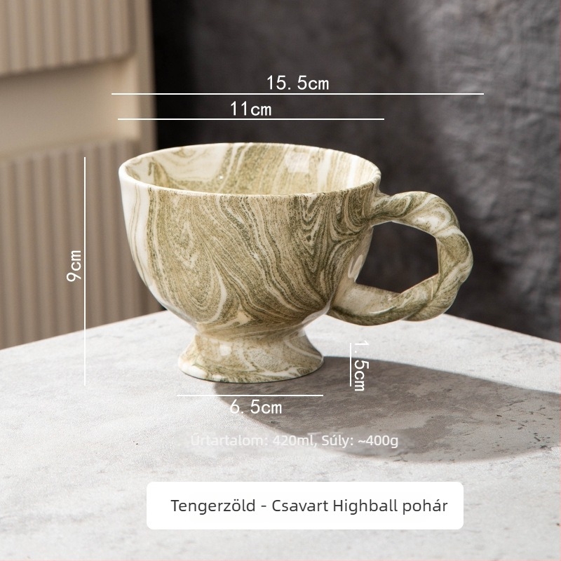 Márvány mintás kávéscsésze és alátét készlet, nagy kapacitású, csavart fogantyúval, latte art-hoz